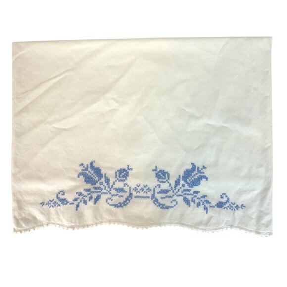 Hand Embroidered Standard Single Pillowcase Blue White Floral Cotton - Picture 2 of 3